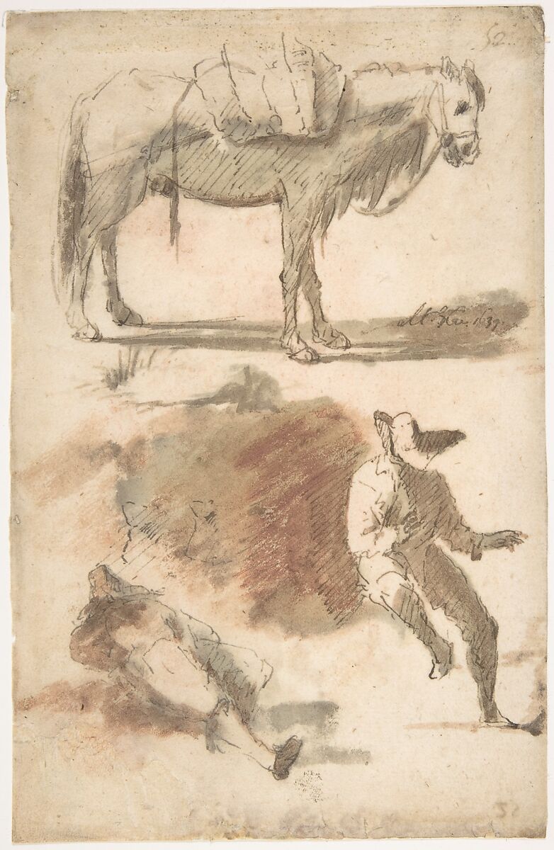 Sheet of Studies: A Horse Above, a Seated Man and a Reclining Man Below, Attributed to Micco Spadaro (Domenico Gargiulo) (Italian, Naples 1609/10–1675 Naples (?)), Pen and brown ink, brush and brown and a little red-brown wash 