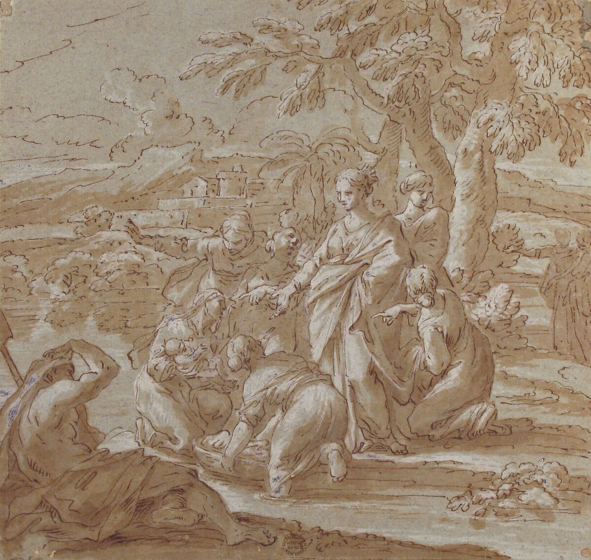 The Finding of Moses, attributed to Luigi Garzi (Italian, Pistoia 1638–1721 Rome), Pen and brown ink, brush and brown wash, highlighted with white, on gray-green paper