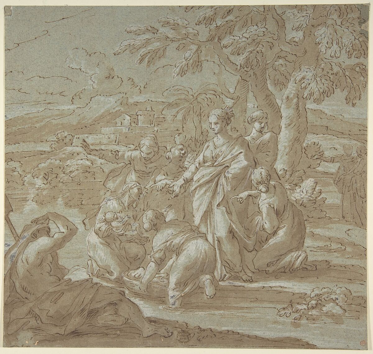 The Finding of Moses, attributed to Luigi Garzi (Italian, Pistoia 1638–1721 Rome), Pen and brown ink, brush and brown wash, highlighted with white, on gray-green paper 