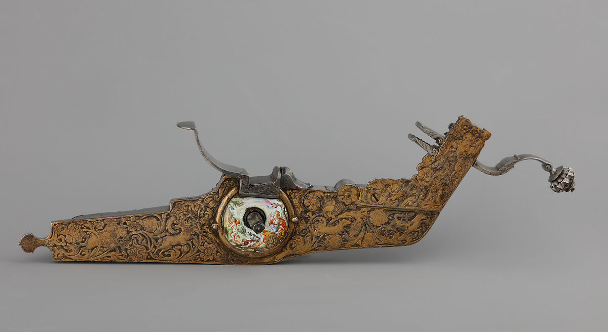 Wheellock Rifle, Steel, wood (fruitwood), enamel, gold, German, Dresden 