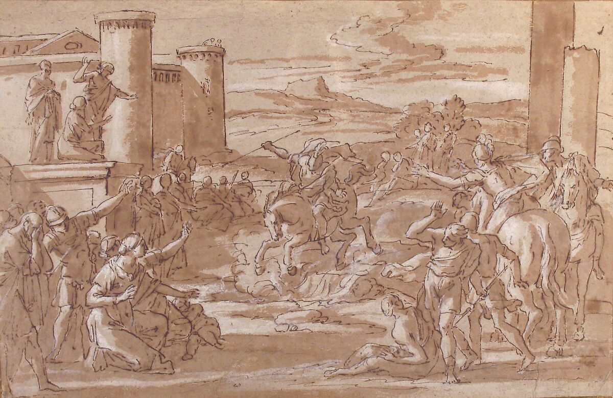 Marcus Curtius Leaping into the Chasm (recto); Study of a Seated Crowned Female Figure (verso), Luigi Garzi (Italian, Pistoia 1638–1721 Rome), Pen and brown ink, brush and brown wash, highlighted with white, on brownish paper (recto); red chalk (verso)