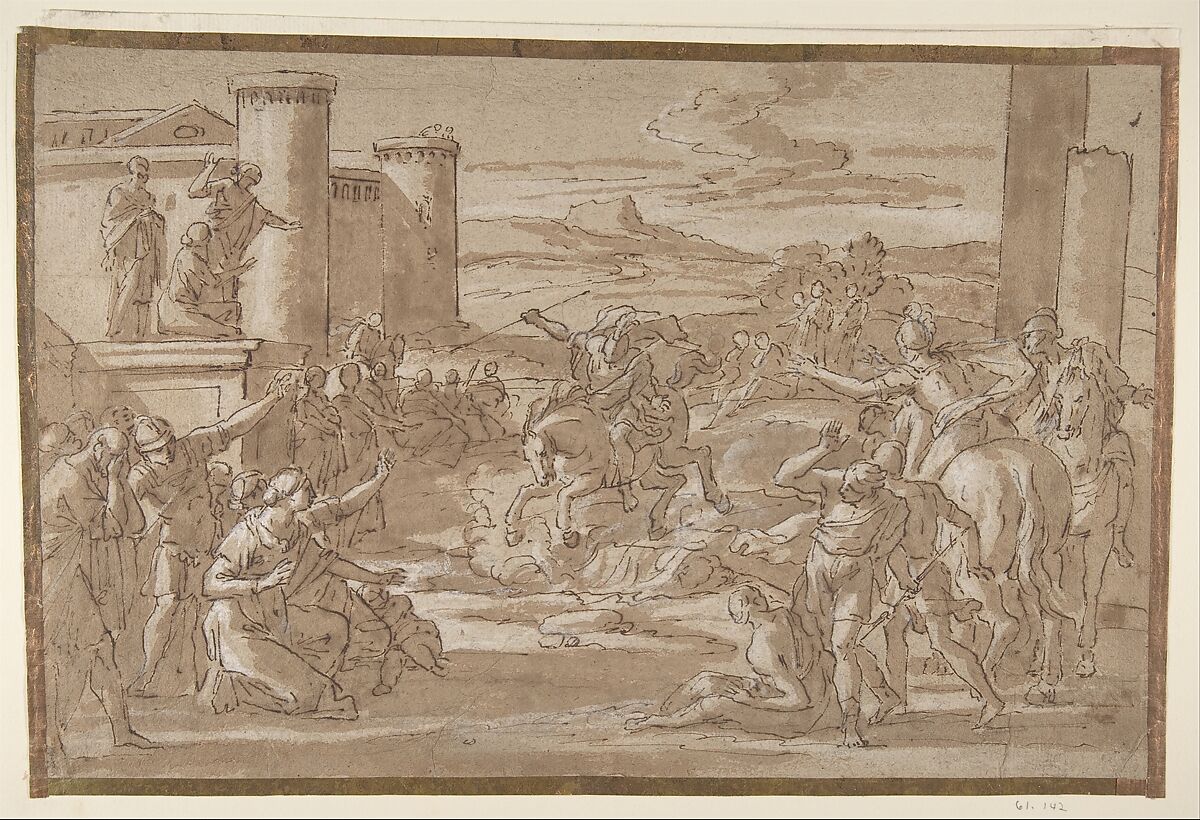 Marcus Curtius Leaping into the Chasm (recto); Study of a Seated Crowned Female Figure (verso), Luigi Garzi (Italian, Pistoia 1638–1721 Rome), Pen and brown ink, brush and brown wash, highlighted with white, on brownish paper (recto); red chalk study of a seated, crowned female figure (verso) 