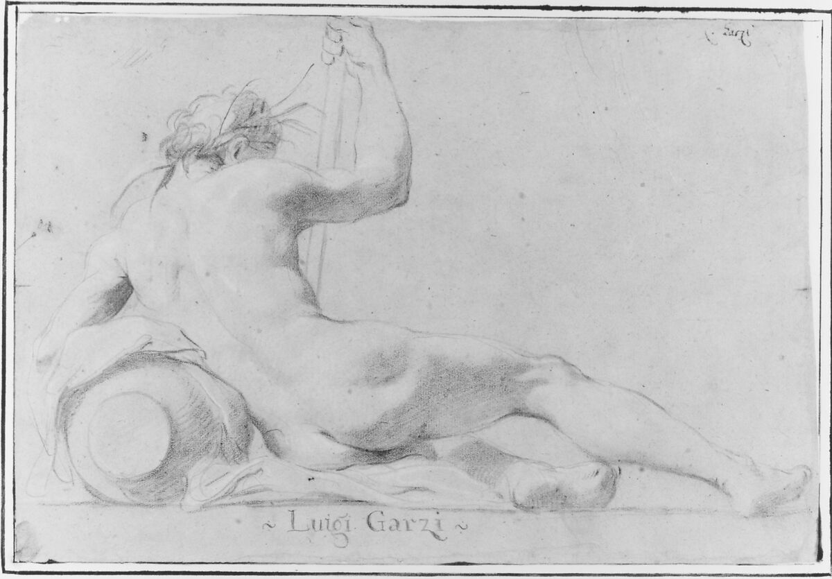 Reclining River God, Luigi Garzi (Italian, Pistoia 1638–1721 Rome), Black chalk, highlighted with white, on gray paper