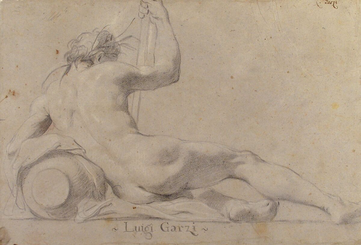 Reclining River God, Luigi Garzi (Italian, Pistoia 1638–1721 Rome), Black chalk, highlighted with white, on gray paper