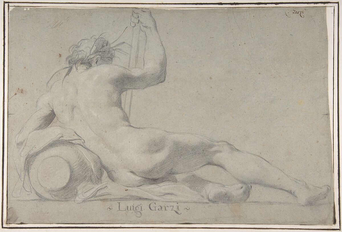 Reclining River God, Luigi Garzi (Italian, Pistoia 1638–1721 Rome), Black chalk, highlighted with white, on gray paper 
