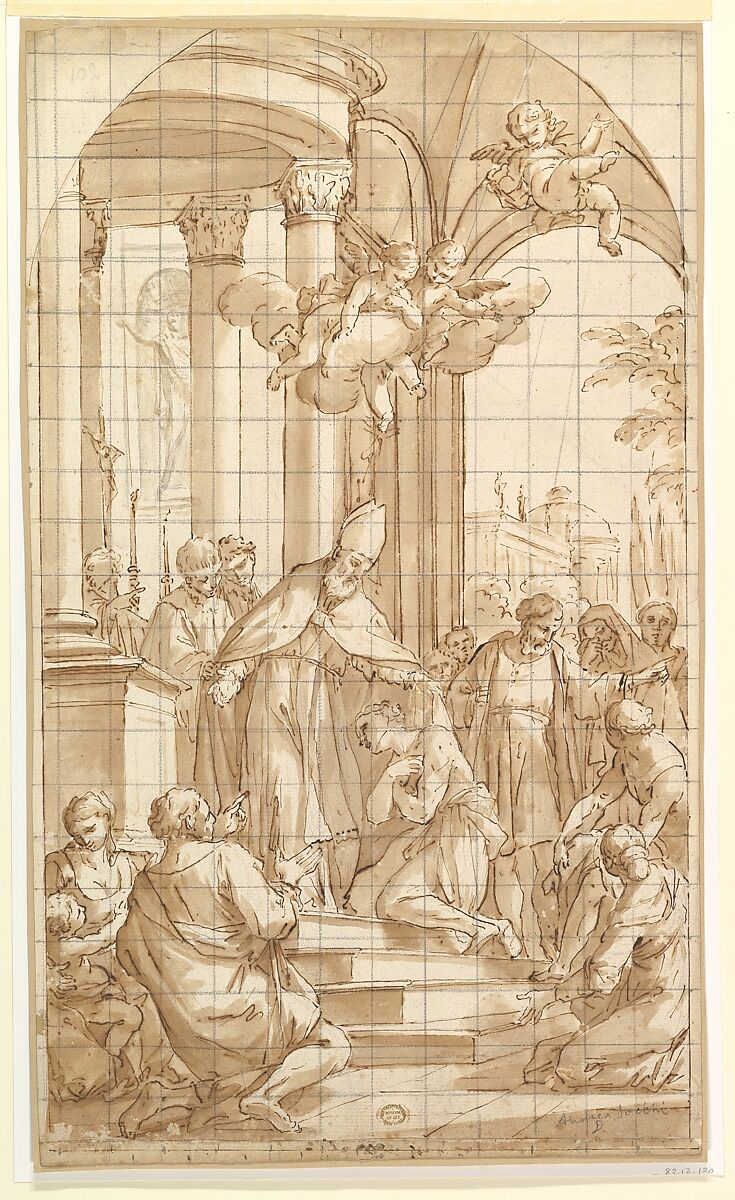 Saint Francis Renouncing His Worldly Goods, Luigi Garzi (Italian, Pistoia 1638–1721 Rome), Pen and brown ink, brush and brown wash. Squared in black chalk 