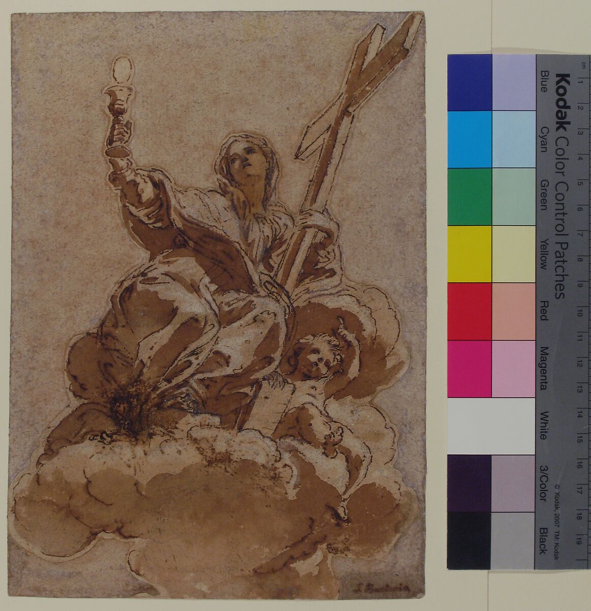 Allegorical Figure of Faith, Giovanni Battista Gaulli (Il Baciccio) (Italian, Genoa 1639–1709 Rome), Pen and brown ink, brush and brown wash, highlighted with white, over a little black chalk, on brownish paper
