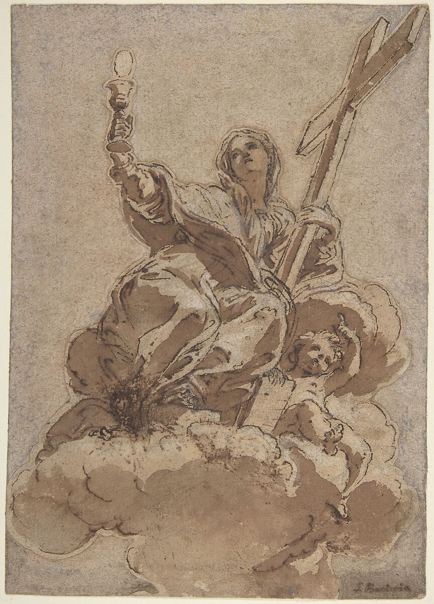 Allegorical Figure of Faith, Giovanni Battista Gaulli (Il Baciccio) (Italian, Genoa 1639–1709 Rome), Pen and brown ink, brush and brown wash, highlighted with white, over a little black chalk, on brownish paper 