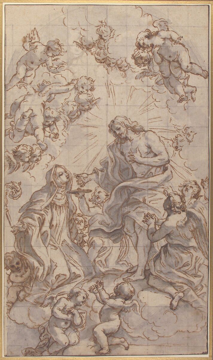 Christ Giving the Host to a Holy Abbess, Giovanni Battista Gaulli (Il Baciccio) (Italian, Genoa 1639–1709 Rome), Pen and brown ink, brush and gray wash. Squared in black chalk