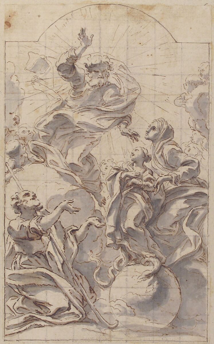 Allegory of the Immaculate Conception, Giovanni Battista Gaulli (Il Baciccio) (Italian, Genoa 1639–1709 Rome), Pen and brown ink, brush and gray wash. Squared in black chalk