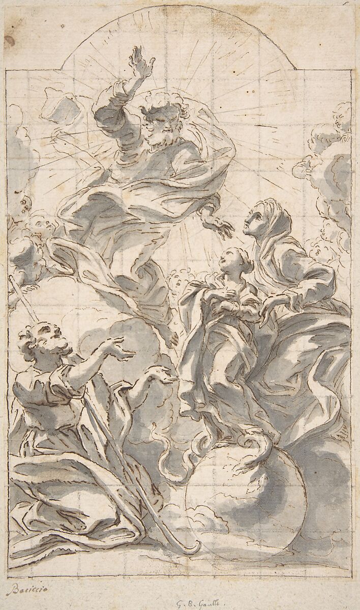 Allegory of the Immaculate Conception, Giovanni Battista Gaulli (Il Baciccio) (Italian, Genoa 1639–1709 Rome), Pen and brown ink, brush and gray wash. Squared in black chalk 