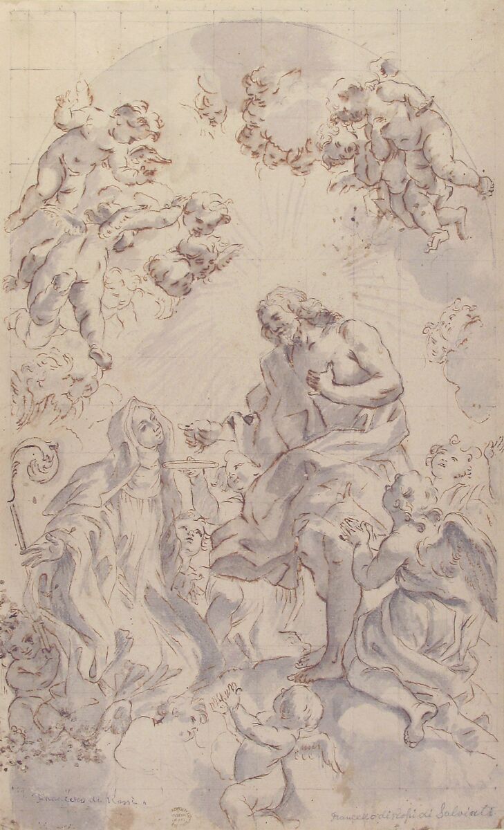 Christ Giving the Host to a Holy Abbess (after Gaulli), After Giovanni Battista Gaulli (Il Baciccio) (Italian, Genoa 1639–1709 Rome), Pen and brown ink, brush and gray wash. Squared in black chalk