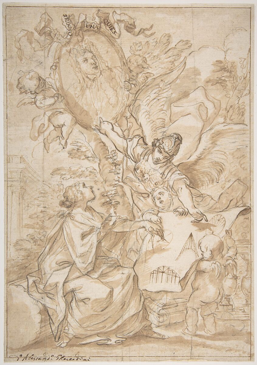 Allegorical Homage to an Architect (?), Alessandro Gherardini (Italian, Florence 1655–1723 Livorno), Pen and brown ink, brush and brown wash, over black chalk.  Squared in black chalk 