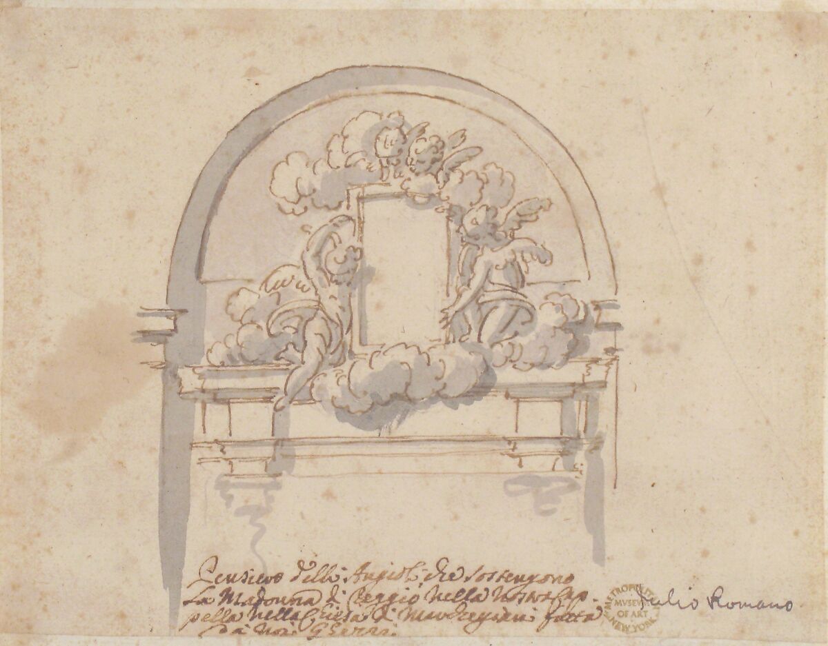Angels Supporting a Frame, Pier Leone Ghezzi (Italian, Comunanza near Ascoli Piceno 1674–1755 Rome), Pen and brown ink, brush and gray wash, over traces of graphite or lead