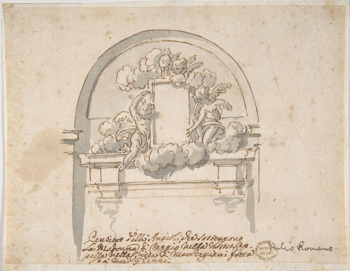 Angels Supporting a Frame, Pier Leone Ghezzi (Italian, Comunanza near Ascoli Piceno 1674–1755 Rome), Pen and brown ink, brush and gray wash, over traces of graphite or lead 