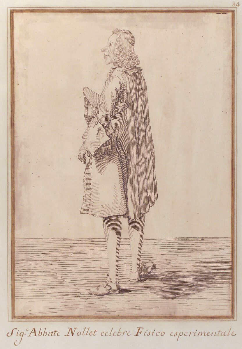 Abbé Jean-Antoine Nollet, Pier Leone Ghezzi (Italian, Comunanza near Ascoli Piceno 1674–1755 Rome), Pen and brown ink, over traces of graphite or lead