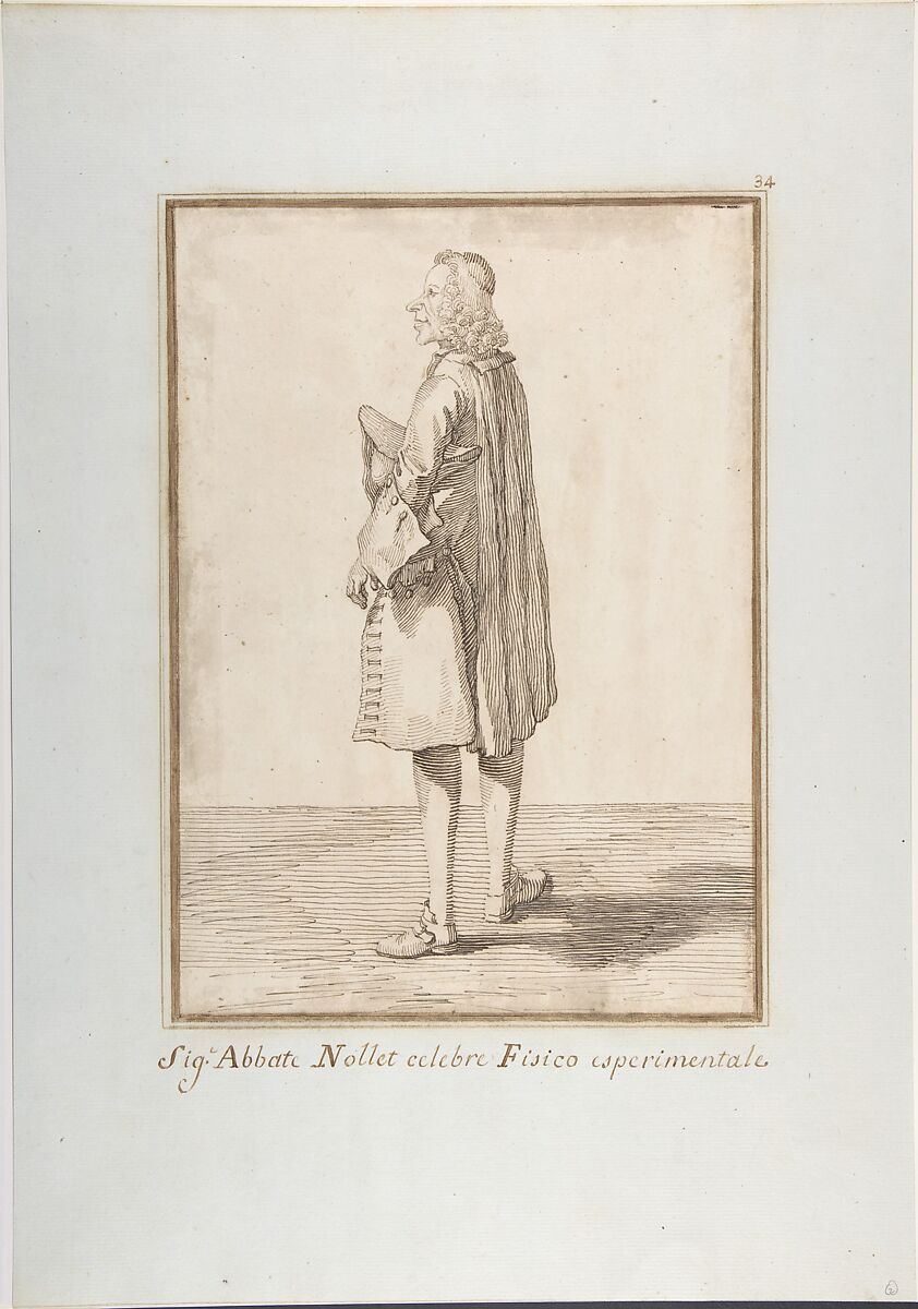 Abbé Jean-Antoine Nollet, Pier Leone Ghezzi (Italian, Comunanza near Ascoli Piceno 1674–1755 Rome), Pen and brown ink, over traces of graphite or lead 
