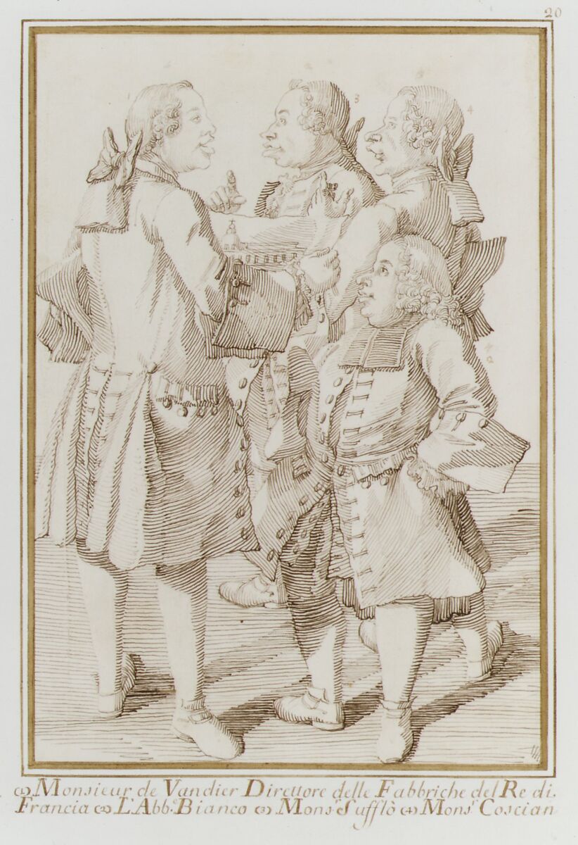 The Marquis de Vandières, Abbé Jean-Bernard Le Blanc, Germain Soufflot, and Charles-Nicolas Cochin, the Younger, Pier Leone Ghezzi (Italian, Comunanza near Ascoli Piceno 1674–1755 Rome), Pen and brown ink, over traces of black chalk 