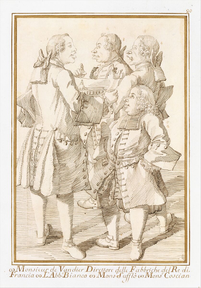 The Marquis de Vandières, Abbé Jean-Bernard Le Blanc, Germain Soufflot, and Charles-Nicolas Cochin, the Younger, Pier Leone Ghezzi (Italian, Comunanza near Ascoli Piceno 1674–1755 Rome), Pen and brown ink, over traces of black chalk