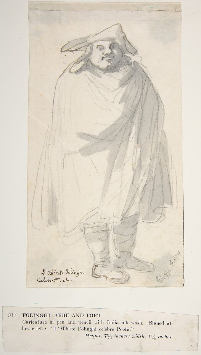 A Caricature of L'Abbate Folinghi, attributed to Pier Leone Ghezzi (Italian, Comunanza near Ascoli Piceno 1674–1755 Rome), Graphite or lead, part of drawing executed in pen and brown ink and brush and gray wash 