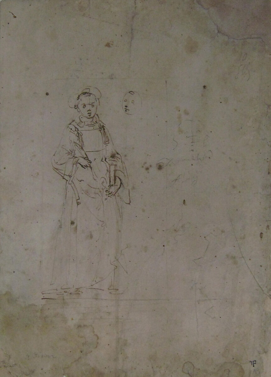 Standing Figure of Saint Stephen and the Head of Another Figure Within the Framing Outlines of a Rectangle, Crude Sketch of the Head of Another Figure, Undecipherable Sketch of a Polygonal or Circular Object with Small Projections, Domenico Ghirlandaio (Domenico Bigordi) (Italian, Florence 1448/49–1494 Florence), Pen and brown ink; leadpoint or soft black chalk