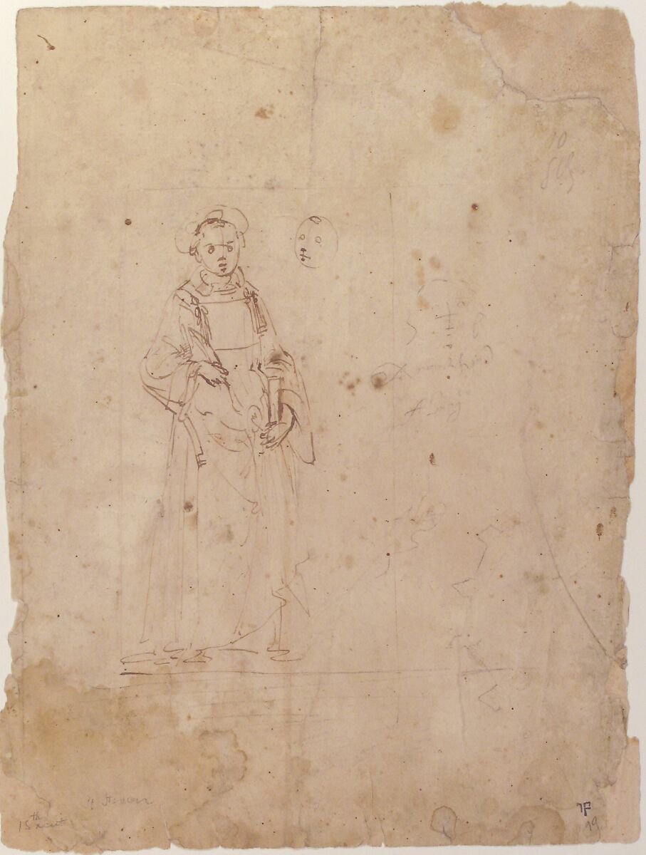 Standing Figure of Saint Stephen and the Head of Another Figure Within the Framing Outlines of a Rectangle, Crude Sketch of the Head of Another Figure, Undecipherable Sketch of a Polygonal or Circular Object with Small Projections, Domenico Ghirlandaio (Domenico Bigordi) (Italian, Florence 1448/49–1494 Florence), Pen and brown ink; leadpoint or soft black chalk
