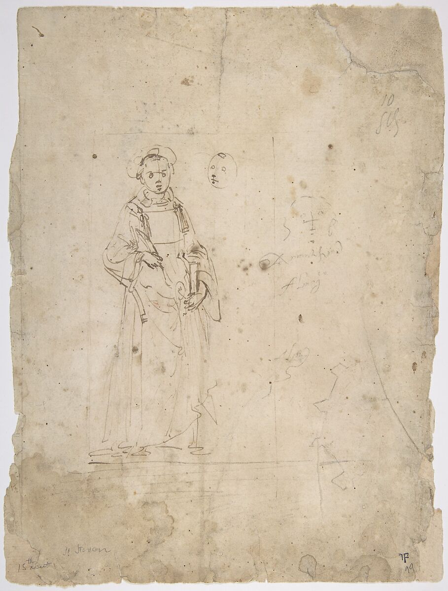 Standing Figure of Saint Stephen and the Head of Another Figure Within the Framing Outlines of a Rectangle, Crude Sketch of the Head of Another Figure, Undecipherable Sketch of a Polygonal or Circular Object with Small Projections, Domenico Ghirlandaio (Domenico Bigordi) (Italian, Florence 1448/49–1494 Florence), Pen and brown ink; leadpoint or soft black chalk 