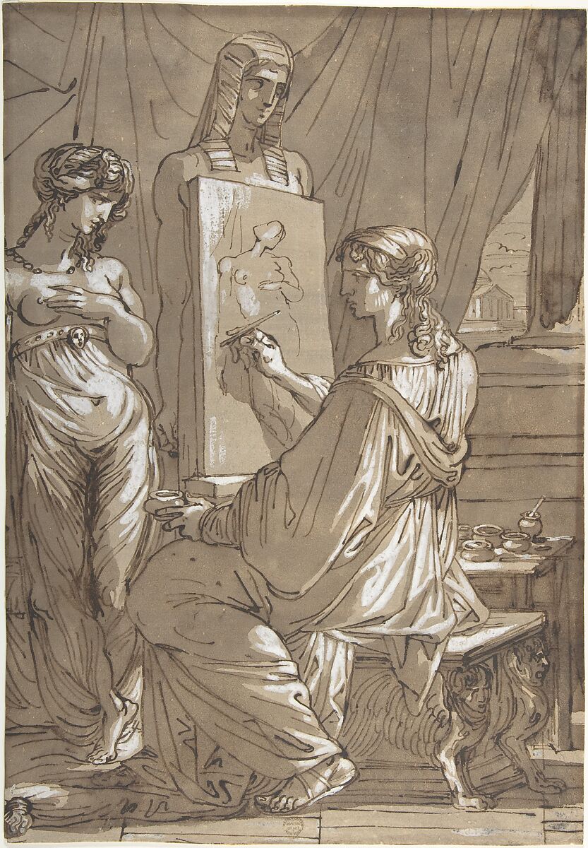An Artist and His Model, Felice Giani (Italian, San Sebastiano Curone, near Alessandria 1758–1823 Rome), Pen and brown ink, brush and brown wash, highlighted with white, on gray-brown washed paper 