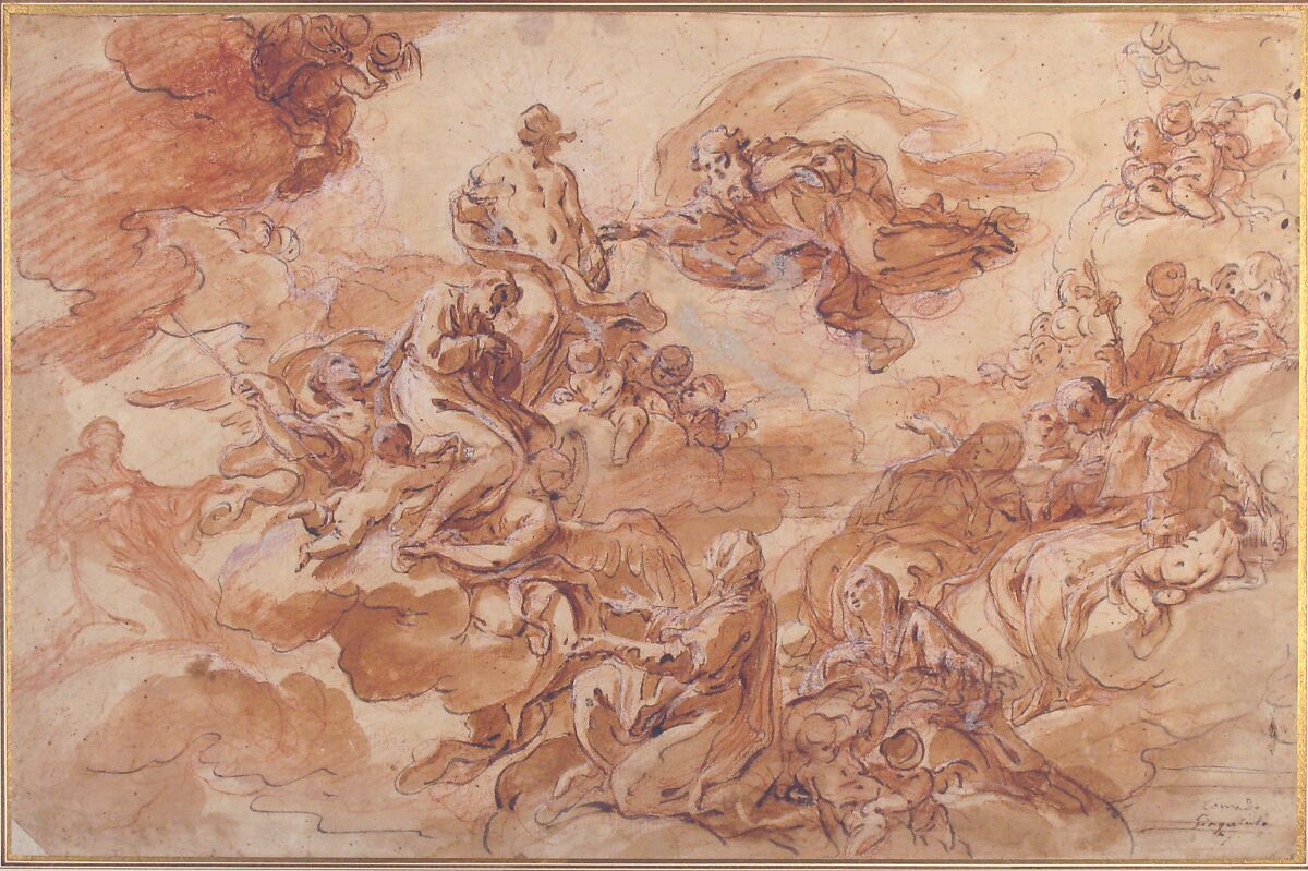 Saint Joseph Presented by the Virgin to the Holy Trinity, Corrado Giaquinto (Italian, Molfetta 1703–1766 Naples), Red chalk, pen and brown ink, brush and brown wash, highlighted with white