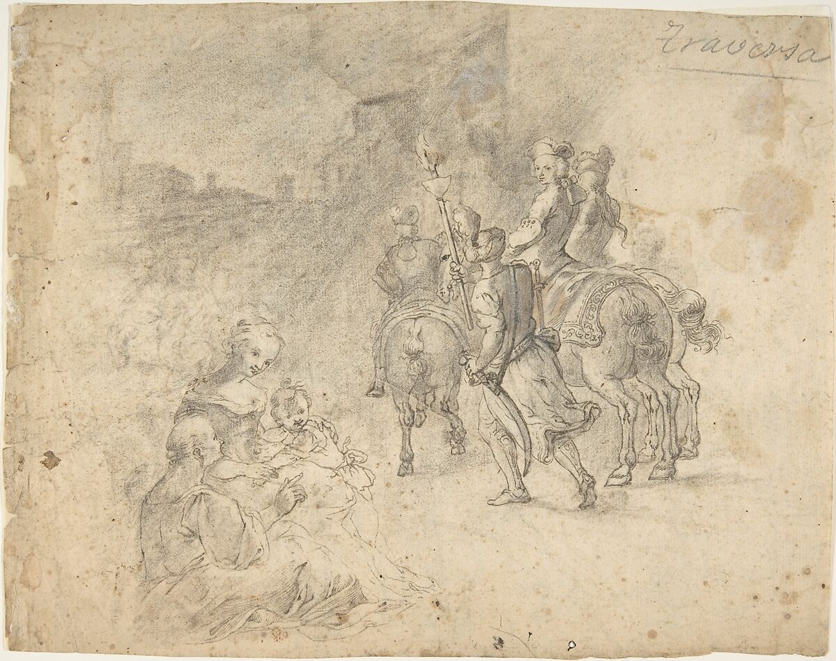 Military Cavaliers Entering Town Accompanied by a Turbaned Torch-bearer. In the foreground: Two Seated Women and a Child (recto); Several Cooks, and Two Pages with a Platter in a Kitchen Yard (verso), After Corrado Giaquinto (Italian, Molfetta 1703–1766 Naples), Pen and gray ink, and black chalk, on beige laid paper 