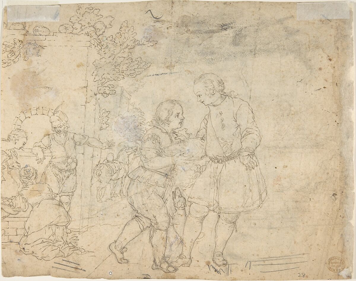 Military Cavaliers Entering Town Accompanied by a Turbaned Torch-bearer. In the foreground: Two Seated Women and a Child (recto); Several Cooks, and Two Pages with a Platter in a Kitchen Yard (verso), After Corrado Giaquinto (Italian, Molfetta 1703–1766 Naples), Pen and gray ink, and black chalk, on beige laid paper