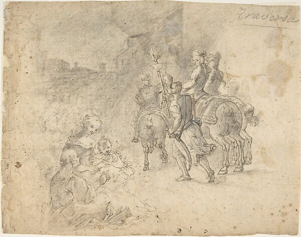 Military Cavaliers Entering Town Accompanied by a Turbaned Torch-bearer. In the foreground: Two Seated Women and a Child (recto); Several Cooks, and Two Pages with a Platter in a Kitchen Yard (verso)