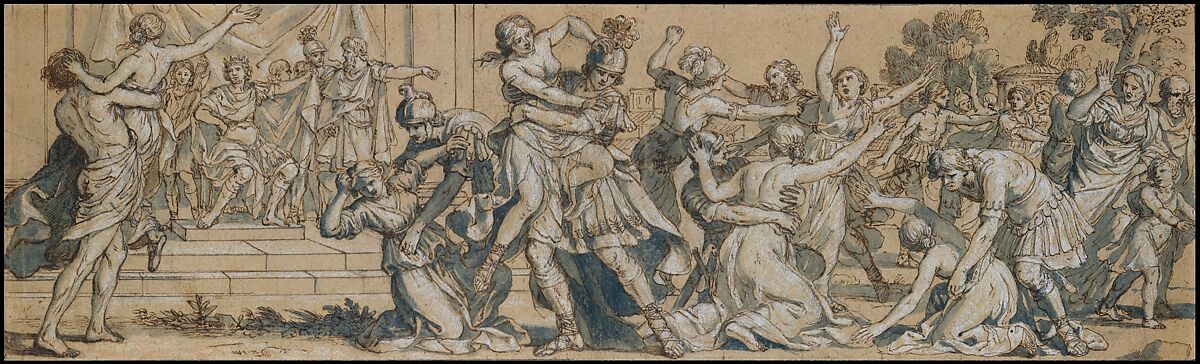The Rape of the Sabines, Giacinto Gimignani (Italian, Pistoia 1606–1681 Rome), Pen and brown ink, brush and blue-gray wash, highlighted with white, over black chalk; framing lines in pen and black ink