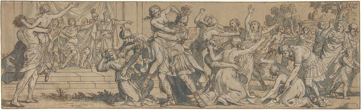 The Rape of the Sabines, Giacinto Gimignani (Italian, Pistoia 1606–1681 Rome), Pen and brown ink, brush and blue-gray wash, highlighted with white, over black chalk on beige paper; framing lines in pen and black ink 