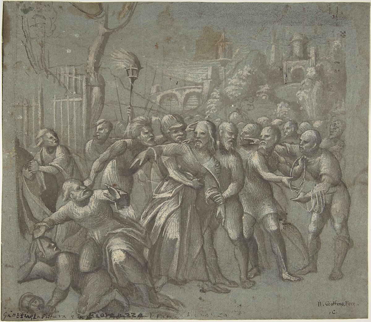 The Arrest of Christ, Niccolò Giolfino (Italian, Verona 1476–1555 Verona), Brush and brown wash, highlighted with white gouache, over traces of black chalk, on greenish paper 