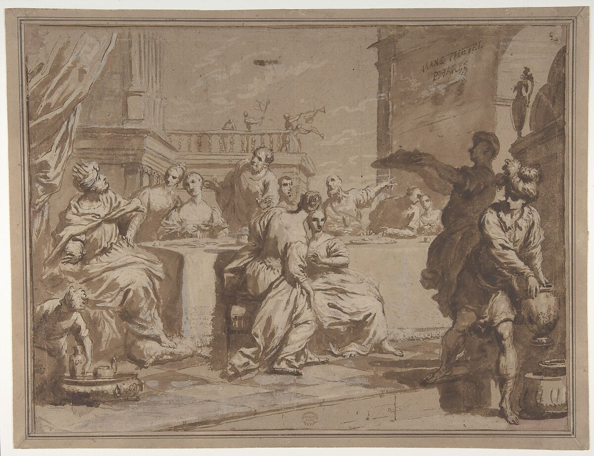 The Feast of Belshazzar, Antonio Gionima (Italian, Venice 1697–1732 Bologna), Pen and brown ink, brush and brown wash, highlighted with white, over black chalk, on brownish paper 