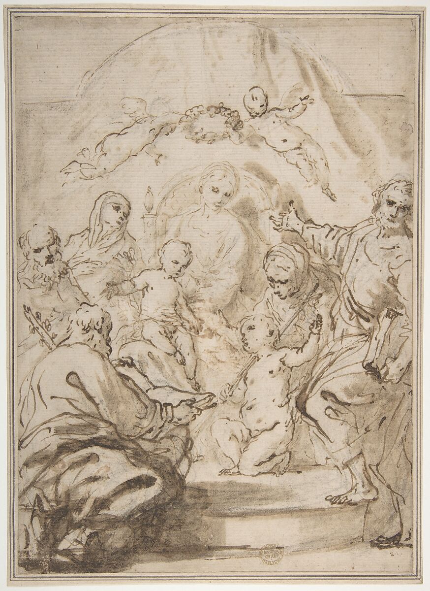 The Virgin and Child Enthroned with Attendant Saints, Attributed to Antonio Gionima (Italian, Venice 1697–1732 Bologna), Pen and brown ink, brush and brown wash, over black chalk 