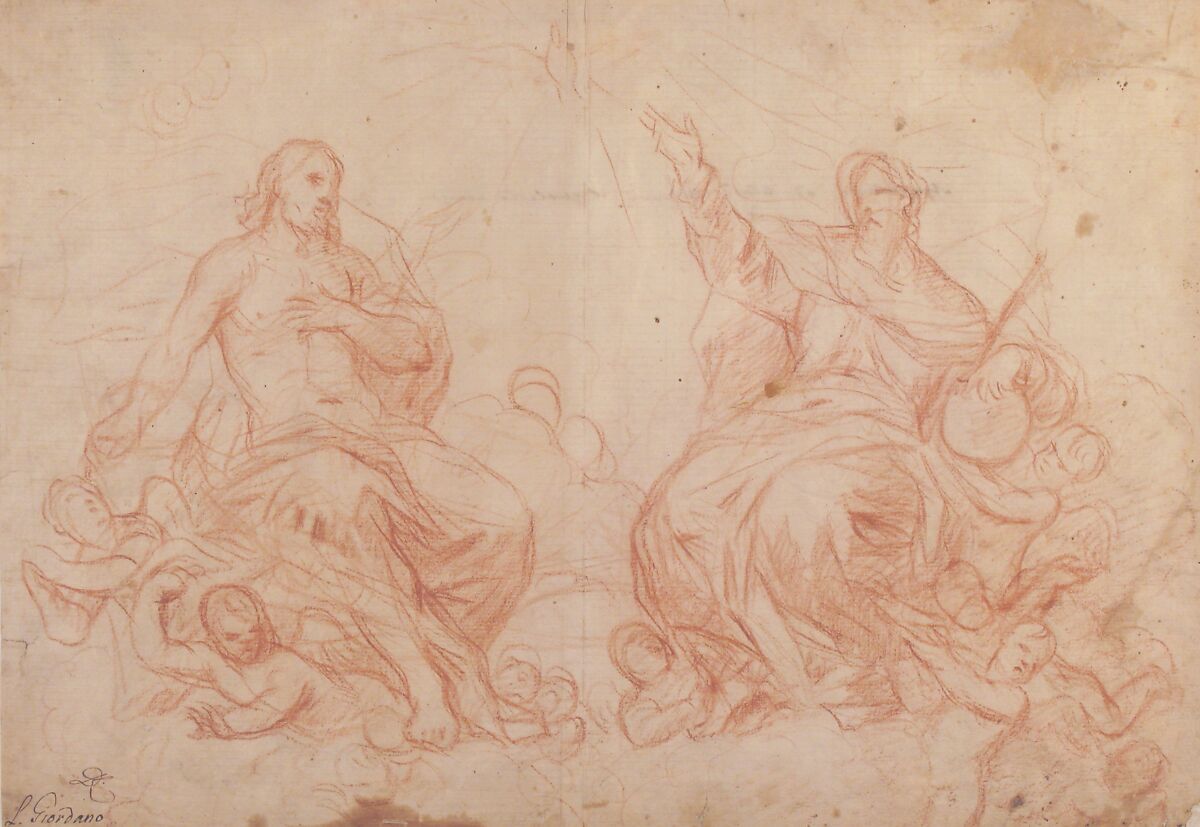 The Holy Trinity (recto); Studies of Seated Female Figures (the Virgin and another Saint?) (verso), Luca Giordano (Italian, Naples 1634–1705 Naples), Red chalk (recto); faint red chalk (verso)