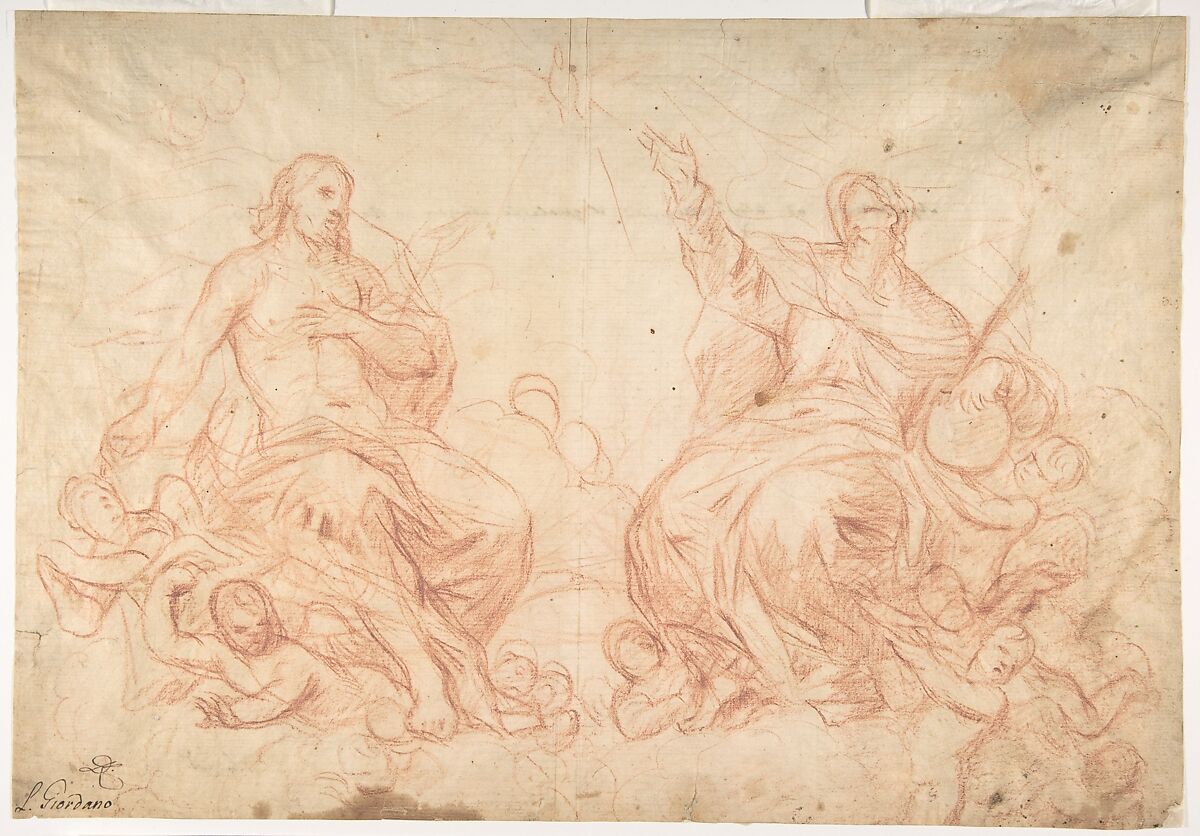 The Holy Trinity (recto); Studies of Seated Female Figures (the Virgin and another Saint?) (verso), Luca Giordano (Italian, Naples 1634–1705 Naples), Red chalk (recto); faint red chalk (verso) 