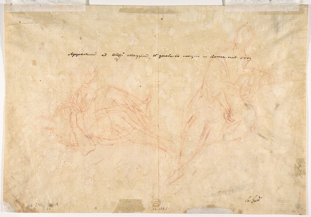 The Holy Trinity (recto); Studies of Seated Female Figures (the Virgin and another Saint?) (verso), Luca Giordano (Italian, Naples 1634–1705 Naples), Red chalk (recto); faint red chalk (verso)