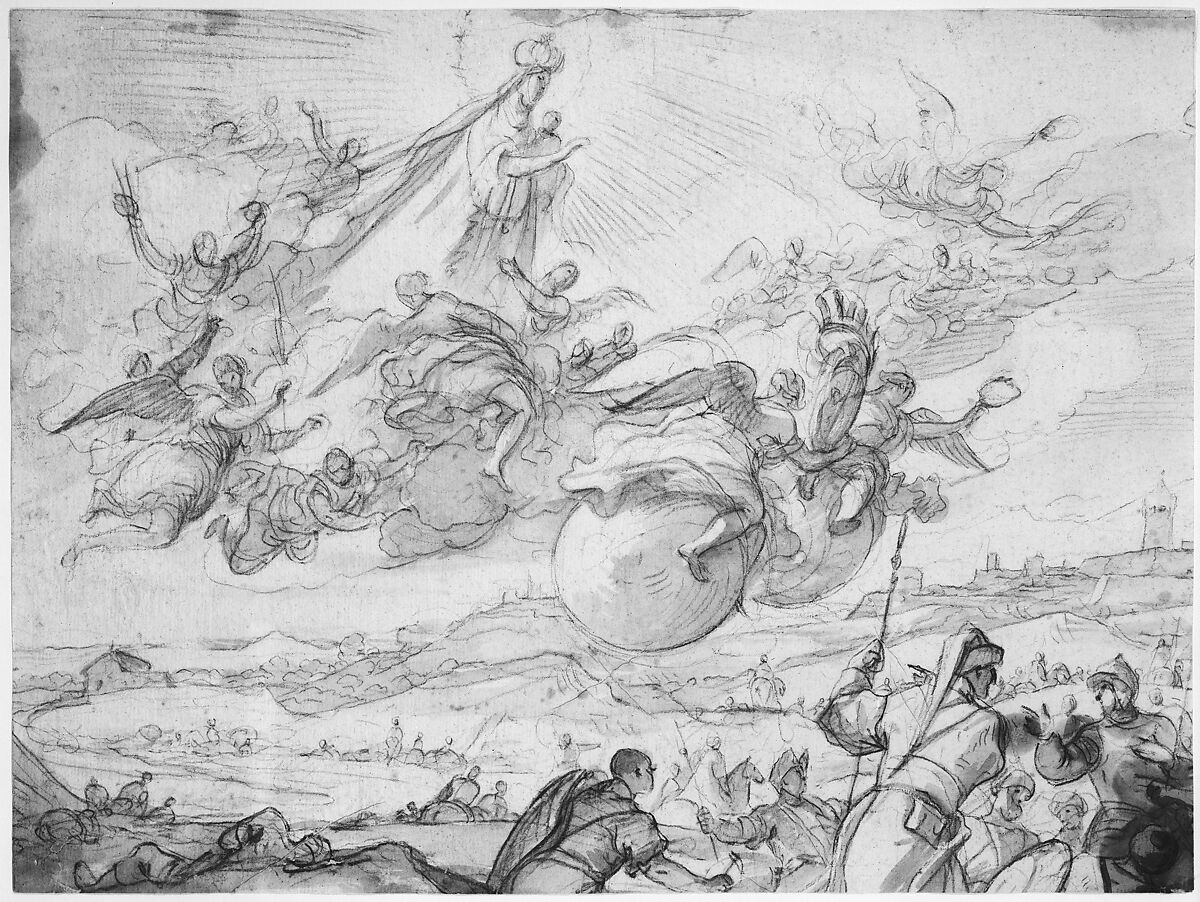 The Virgin Intervening during a Siege of Madrid, Luca Giordano (Italian, Naples 1634–1705 Naples), Brush and brown wash over lead or black chalk