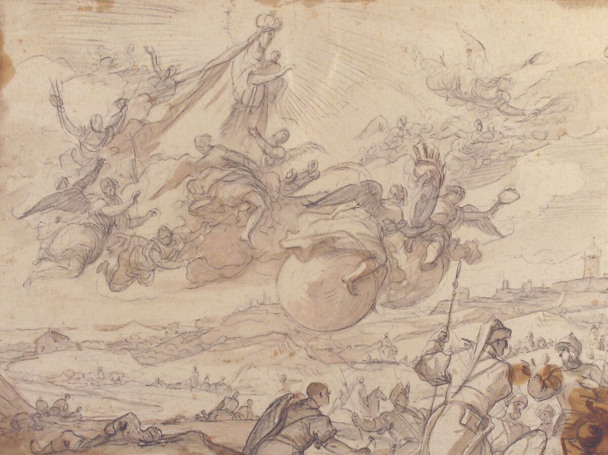 The Virgin Intervening during a Siege of Madrid, Luca Giordano (Italian, Naples 1634–1705 Naples), Brush and brown wash over lead or black chalk