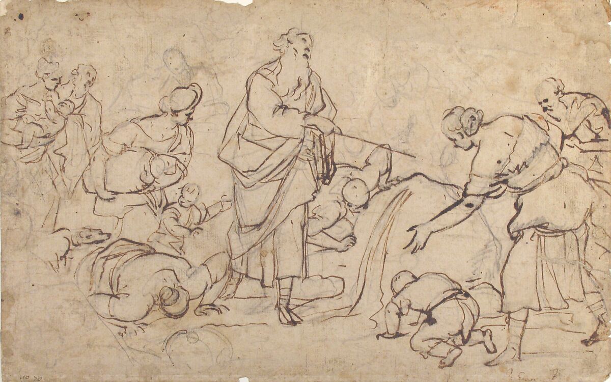 Moses Striking the Rock, Luca Giordano (Italian, Naples 1634–1705 Naples), Pen and brown ink, over lead or black chalk