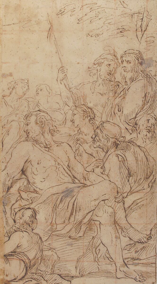 Fragment of a Composition with a Reclining Semi-Nude Man Surrounded by Soldiers and Other Onlookers in a Landscape, Attributed to Luca Giordano (Italian, Naples 1634–1705 Naples), Pen and brown ink; squared in red chalk