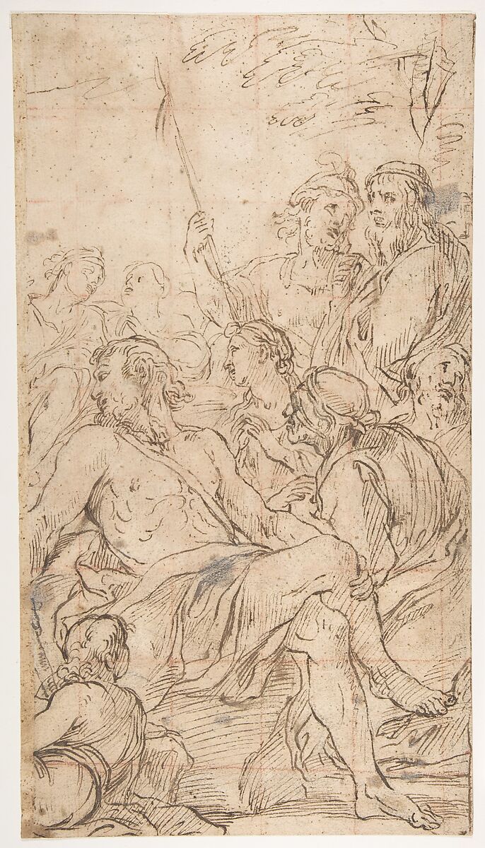 Fragment of a Composition with a Reclining Semi-Nude Man Surrounded by Soldiers and Other Onlookers in a Landscape, Attributed to Luca Giordano (Italian, Naples 1634–1705 Naples), Pen and brown ink. Squared for transfer in red chalk 