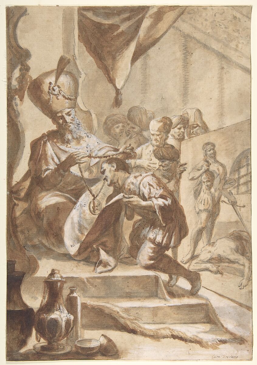 The Painter Rewarded, Circle of Luca Giordano (Italian, Naples 1634–1705 Naples), Pen and brown ink, brush and gray wash, highlighted with white gouache 