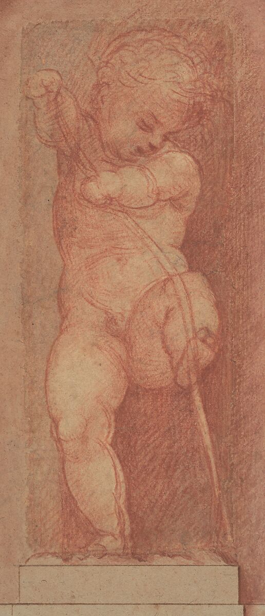 Putto Bending a Bow, Attributed to Giorgione (Italian, Castelfranco Veneto 1477/78–1510 Venice), Red chalk. Original sheet, 15.7 x 6.6 cm.; this has been made up (almost certainly by Pierre-Jean Mariette) to a sheet 23.7 x 15.2 cm. on which a base and a surrounding niche for the putto have been indicated in pen and brown ink, red chalk and brush and red wash