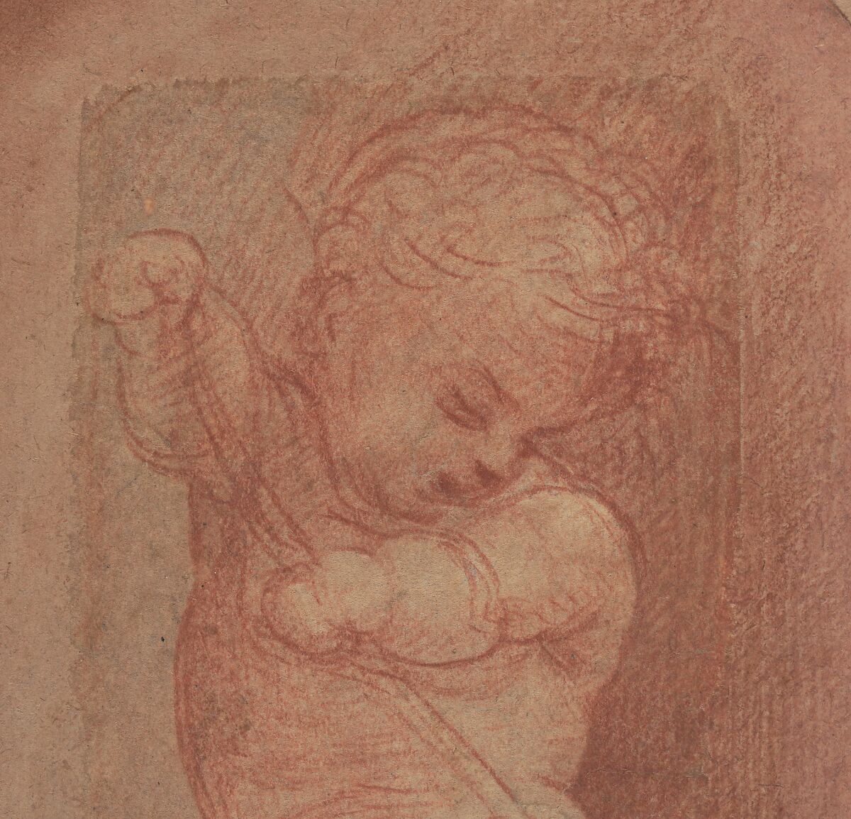 Putto Bending a Bow, Attributed to Giorgione (Italian, Castelfranco Veneto 1477/78–1510 Venice), Red chalk. Original sheet, 15.7 x 6.6 cm.; this has been made up (almost certainly by Pierre-Jean Mariette) to a sheet 23.7 x 15.2 cm. on which a base and a surrounding niche for the putto have been indicated in pen and brown ink, red chalk and brush and red wash