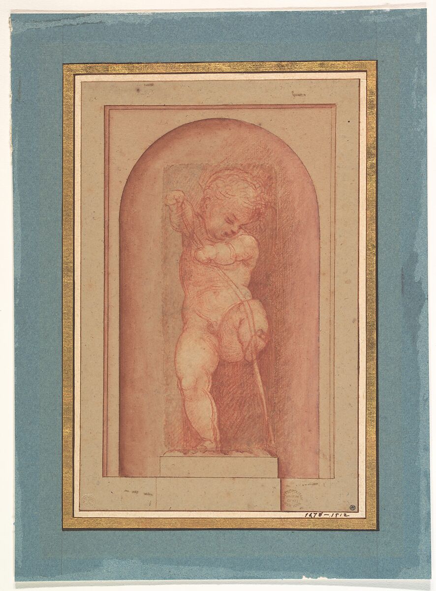 Putto Bending a Bow, Attributed to Giorgione (Italian, Castelfranco Veneto 1477/78–1510 Venice), Red chalk. Original sheet, 15.7 x 6.6 cm.; this has been made up (almost certainly by Pierre-Jean Mariette) to a sheet 23.7 x 15.2 cm. on which a base and a surrounding niche for the putto have been indicated in pen and brown ink, red chalk and brush and red wash