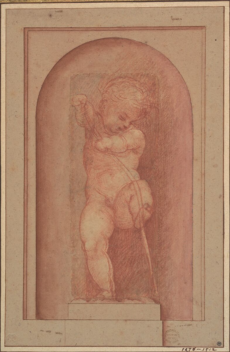 Putto Bending a Bow, Attributed to Giorgione (Italian, Castelfranco Veneto 1477/78–1510 Venice), Red chalk. Original sheet, 15.7 x 6.6 cm.; this has been made up (almost certainly by Pierre-Jean Mariette) to a sheet 23.7 x 15.2 cm. on which a base and a surrounding niche for the putto have been indicated in pen and brown ink, red chalk and brush and red wash